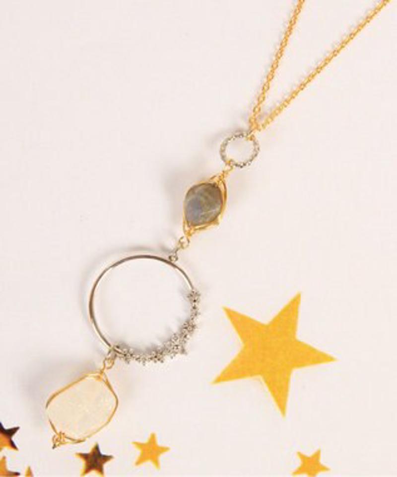 【ゴールド×シルバー】K14GF 花リングクリア×グレーネックレス