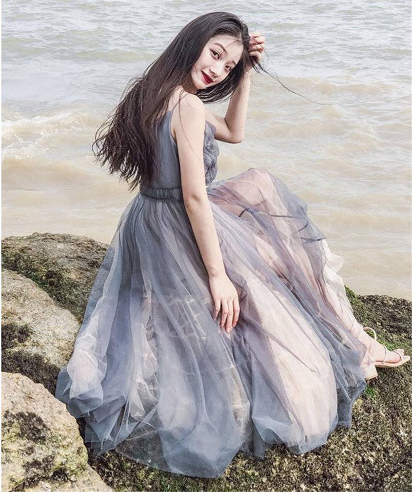 マキシワンピース　シフォン　ワンピース　夏　ドレス　海　ロングワンピース　ロング丈　マキシ丈　大人　ハワイ　結婚式　春　夏　ワンピース　無地　グレー　薄手　旅行　可愛い　オシャレ　きれい　着心地　爽やか