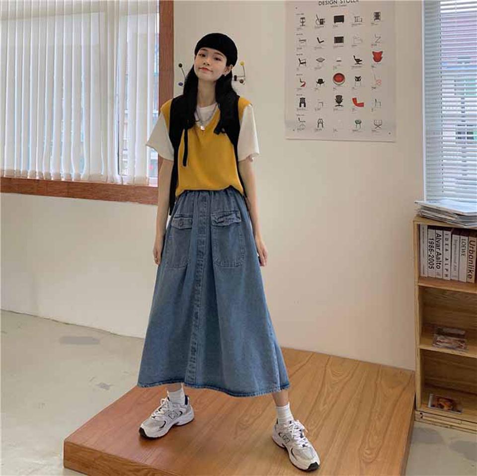 デニムスカート ロング丈　スカート デニム ミディアム ミディ丈 フレアスカート Aライン レディース ボトムス ウエストゴム 大人 可愛い 春 秋