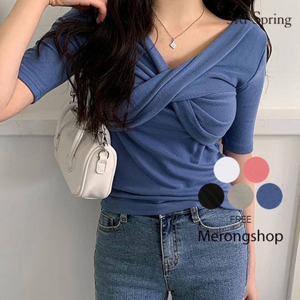 MERONGSHOP(メロンショップ)ねじりストレッチTシャツ【4/26up_wo】【メール便】韓国 韓国ファッション　トップス tシャツ 半袖 ストレッチ ねじり Vネック カットソー 夏 レディース ファッション【5】