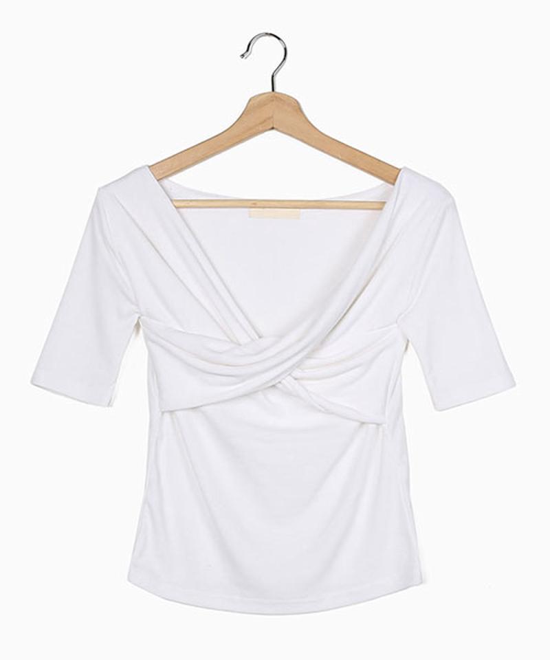 MERONGSHOP(メロンショップ)ねじりストレッチTシャツ【4/26up_wo】【メール便】韓国 韓国ファッション　トップス tシャツ 半袖 ストレッチ ねじり Vネック カットソー 夏 レディース ファッション【5】