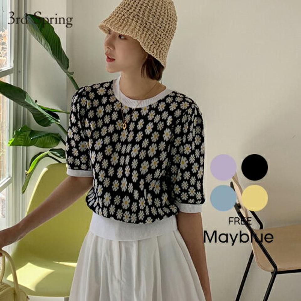MAYBLUE(メイブルー)フラワーパフスリーブニット【4/26up_ka】トップス ニット tシャツ 半袖 カットソー パフスリーブ 花柄 デイジー ニットt 【5】