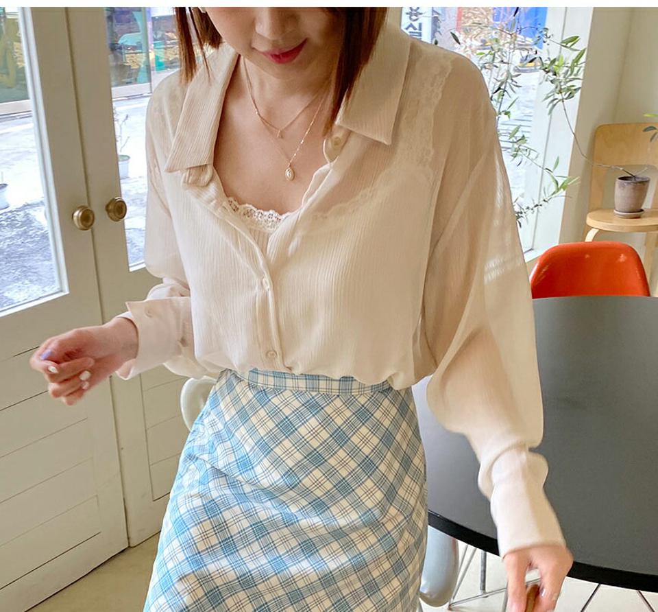 シアーシャツ・全5色・t63510 レディース 【bl】【韓国 ファッション トップス シャツ 長袖 シアー 透け感 シースルー レイヤード風 体型カバー スリム 細身 ゆったり 無地 フェミニン 夏 春】