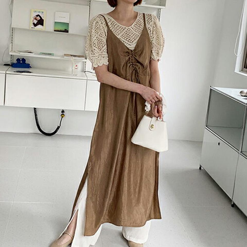 ドロストキャミワンピース・全3色・t61955 レディース 【ops】【韓国 ファッション ワンピース ロング ロングワンピース ノースリーブ スリーブレス ストリング ギャザー ルーズ ゆったり キャミワンピース 体型カバー 細身 夏 春】