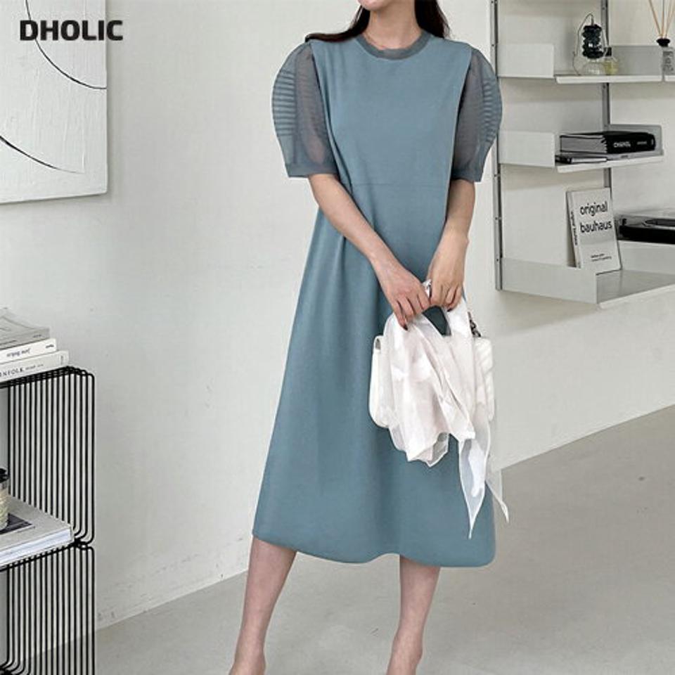 シアーパフラウンドワンピース・全3色・b68091 レディース 【ops】 ワンピース ミディ丈 ミディワンピース 半袖 ハーフスリーブ シアー 透け感 シースルー パフ袖 パフスリーブ ガーリー かわいい 春 夏 韓国 ファッション ハイホリHIHOLLI