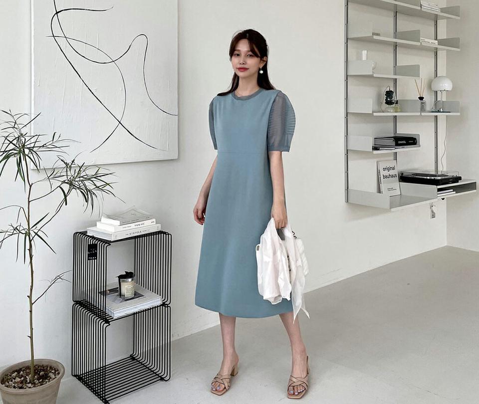 シアーパフラウンドワンピース・全3色・b68091 レディース 【ops】 ワンピース ミディ丈 ミディワンピース 半袖 ハーフスリーブ シアー 透け感 シースルー パフ袖 パフスリーブ ガーリー かわいい 春 夏 韓国 ファッション ハイホリHIHOLLI