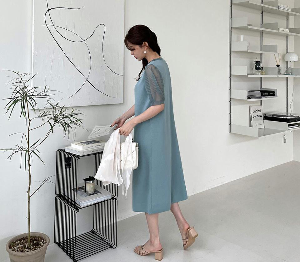 シアーパフラウンドワンピース・全3色・b68091 レディース 【ops】 ワンピース ミディ丈 ミディワンピース 半袖 ハーフスリーブ シアー 透け感 シースルー パフ袖 パフスリーブ ガーリー かわいい 春 夏 韓国 ファッション ハイホリHIHOLLI