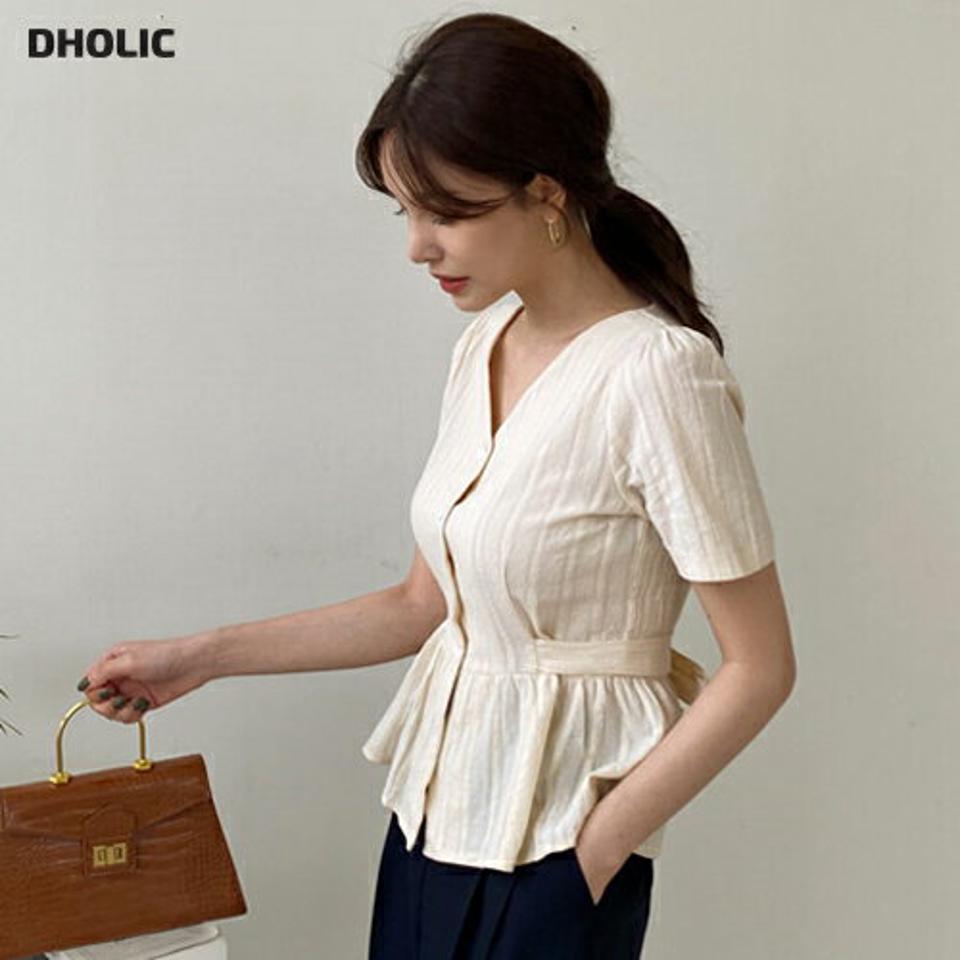 Vネックリボンフレアブラウス・全4色・t68140 レディース 【bl】 トップス ブラウス 半袖 Vネック フレアブラウス フレア フェミニン シンプル かわいい 春 夏 韓国 ファッション ハイホリHIHOLLI