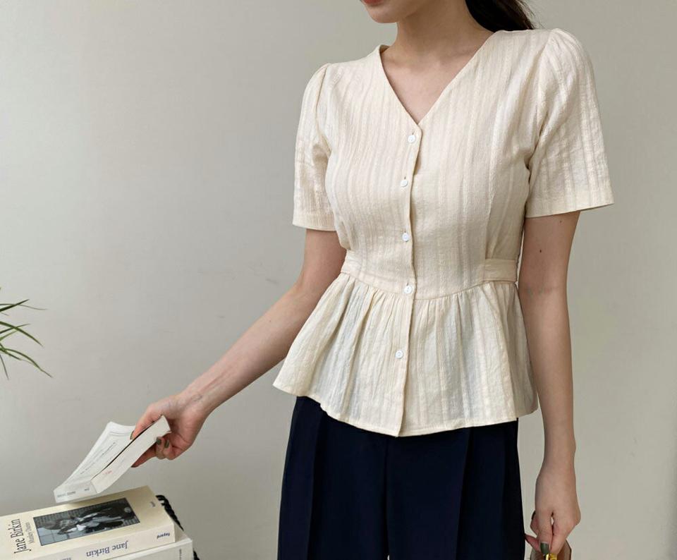 Vネックリボンフレアブラウス・全4色・t68140 レディース 【bl】 トップス ブラウス 半袖 Vネック フレアブラウス フレア フェミニン シンプル かわいい 春 夏 韓国 ファッション ハイホリHIHOLLI