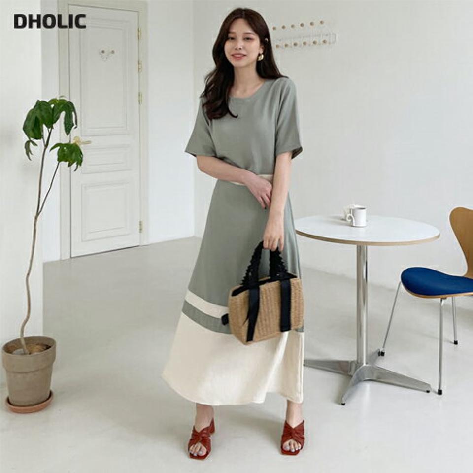 配色ロングワンピース・全3色・b68090 レディース 【ops】【ワンピース ロング ロングワンピース 配色 半袖 ハーフスリーブ カジュアル 体型カバー Aライン 春 夏 韓国 ファッション】【ハイホリHIHOLLI】