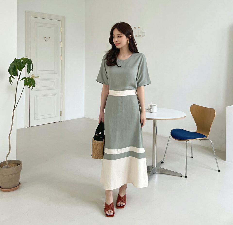 配色ロングワンピース・全3色・b68090 レディース 【ops】【ワンピース ロング ロングワンピース 配色 半袖 ハーフスリーブ カジュアル 体型カバー Aライン 春 夏 韓国 ファッション】【ハイホリHIHOLLI】