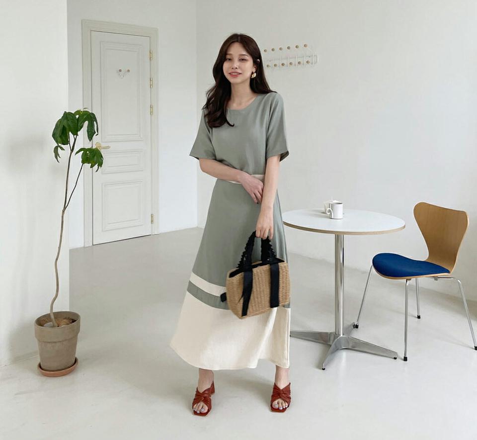 配色ロングワンピース・全3色・b68090 レディース 【ops】【ワンピース ロング ロングワンピース 配色 半袖 ハーフスリーブ カジュアル 体型カバー Aライン 春 夏 韓国 ファッション】【ハイホリHIHOLLI】