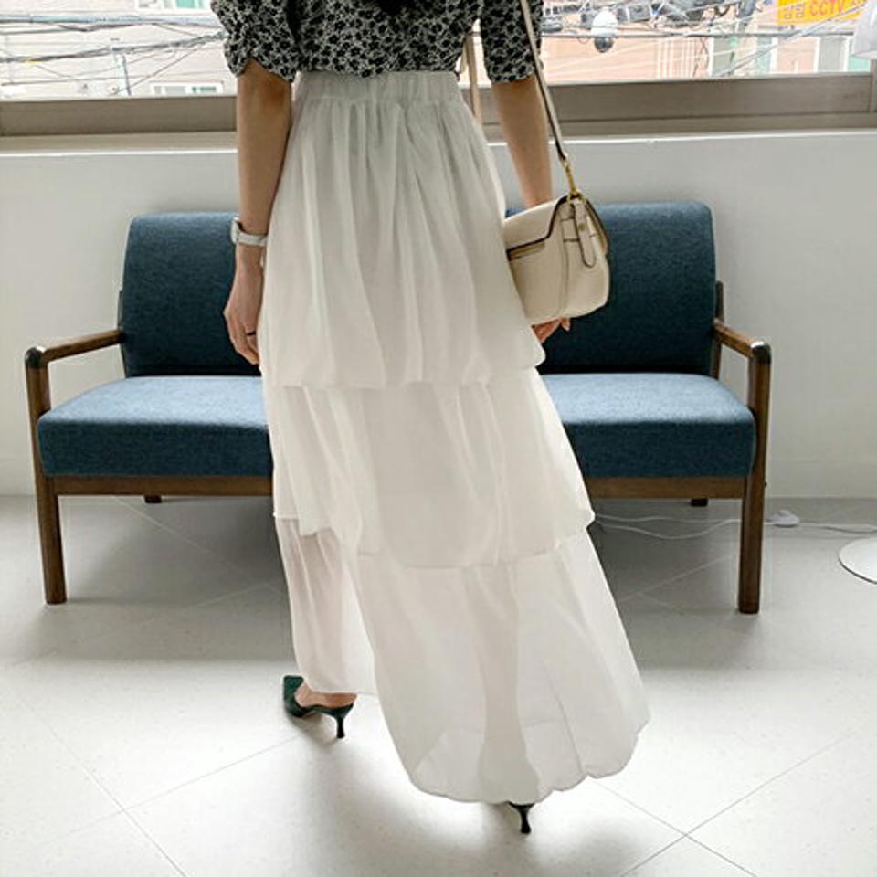 【全品10%OFF】ティアードイージースカート・全2色・t61967 レディース 【sk】【韓国 ファッション ボトムス スカート ロング ロングスカート ボリューム ティアード やわらかい 無地 フェミニン 体型カバー 細身 カジュアル 上品 夏 春】