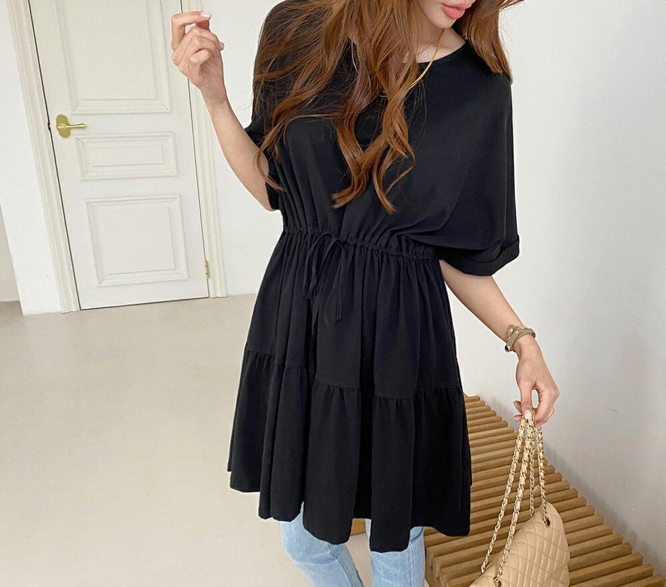 ドロストミニティアードワンピース・全3色・t68141 レディース 【ops】【ワンピース ミディ丈 ミディワンピース 半袖 ハーフスリーブ ドロスト ティアード 単色 シンプル ラフ 春 夏 秋 韓国 ファッション】【ハイホリHIHOLLI】