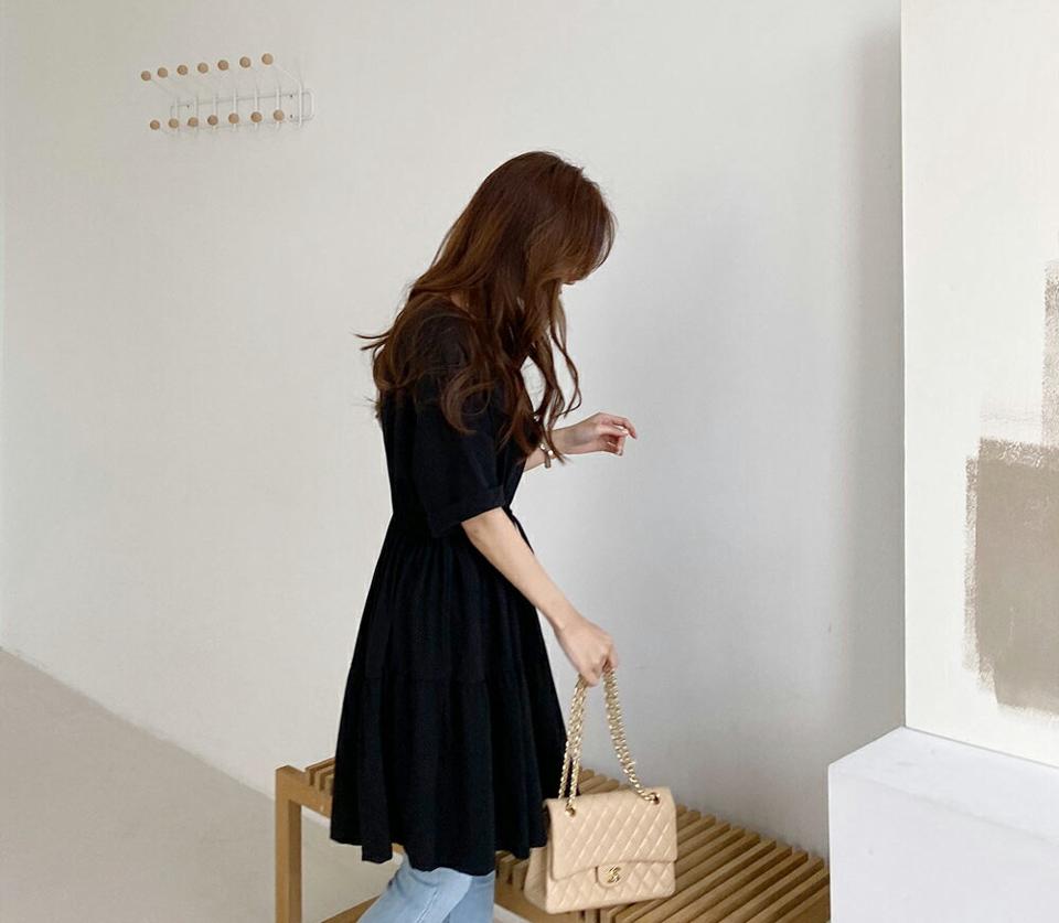 ドロストミニティアードワンピース・全3色・t68141 レディース 【ops】【ワンピース ミディ丈 ミディワンピース 半袖 ハーフスリーブ ドロスト ティアード 単色 シンプル ラフ 春 夏 秋 韓国 ファッション】【ハイホリHIHOLLI】