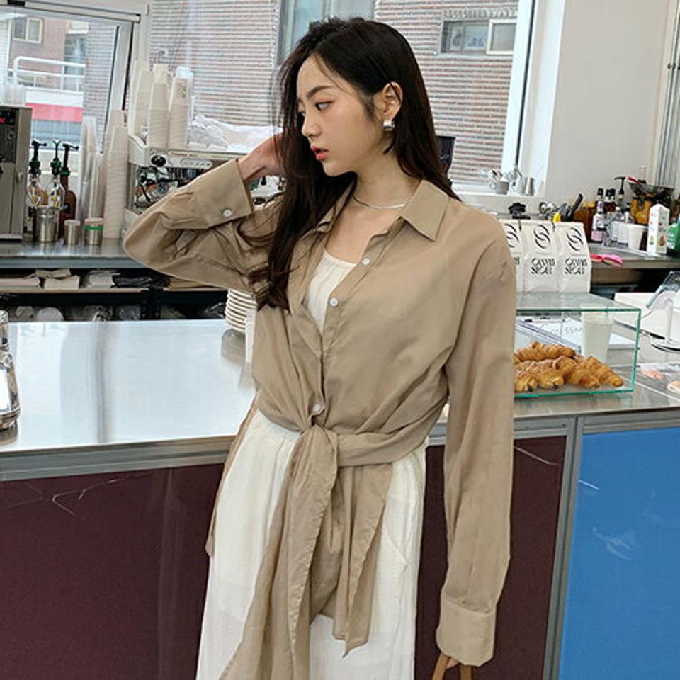 アンバランスヘムシャツ・全3色・t61970 レディース 【bl】【韓国 ファッション トップス シャツ 長袖 アンバランス ラップ シアー リボン ロングシャツ 体型カバー スリム 細身 ボリューム ルーズ ゆったり 夏 春】