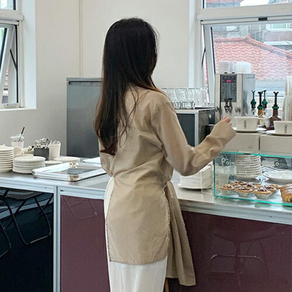 アンバランスヘムシャツ・全3色・t61970 レディース 【bl】【韓国 ファッション トップス シャツ 長袖 アンバランス ラップ シアー リボン ロングシャツ 体型カバー スリム 細身 ボリューム ルーズ ゆったり 夏 春】