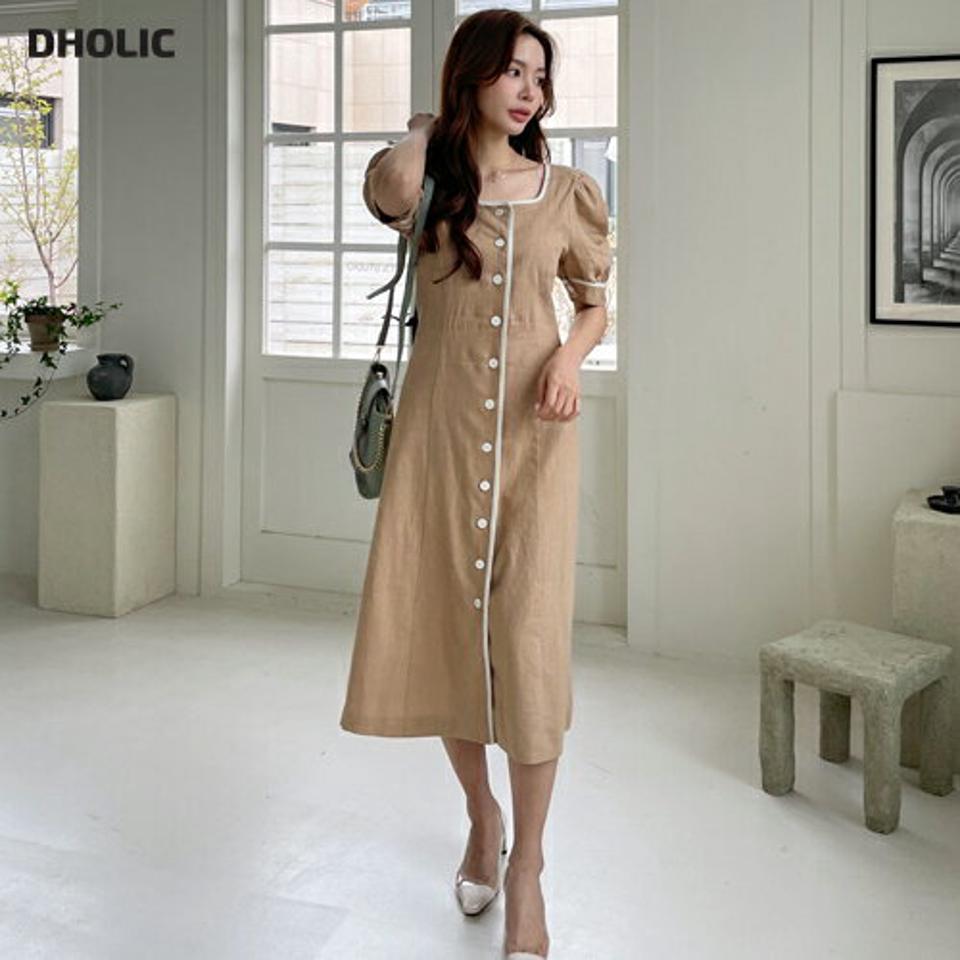 配色ラインパフボタンワンピース・全2色・t68092 レディース 【ops】 ワンピース ロング ロングワンピース 半袖 ハーフスリーブ パフ袖 スクエアネック シンプル レトロ モダン 春 夏 韓国 ファッション ハイホリHIHOLLI