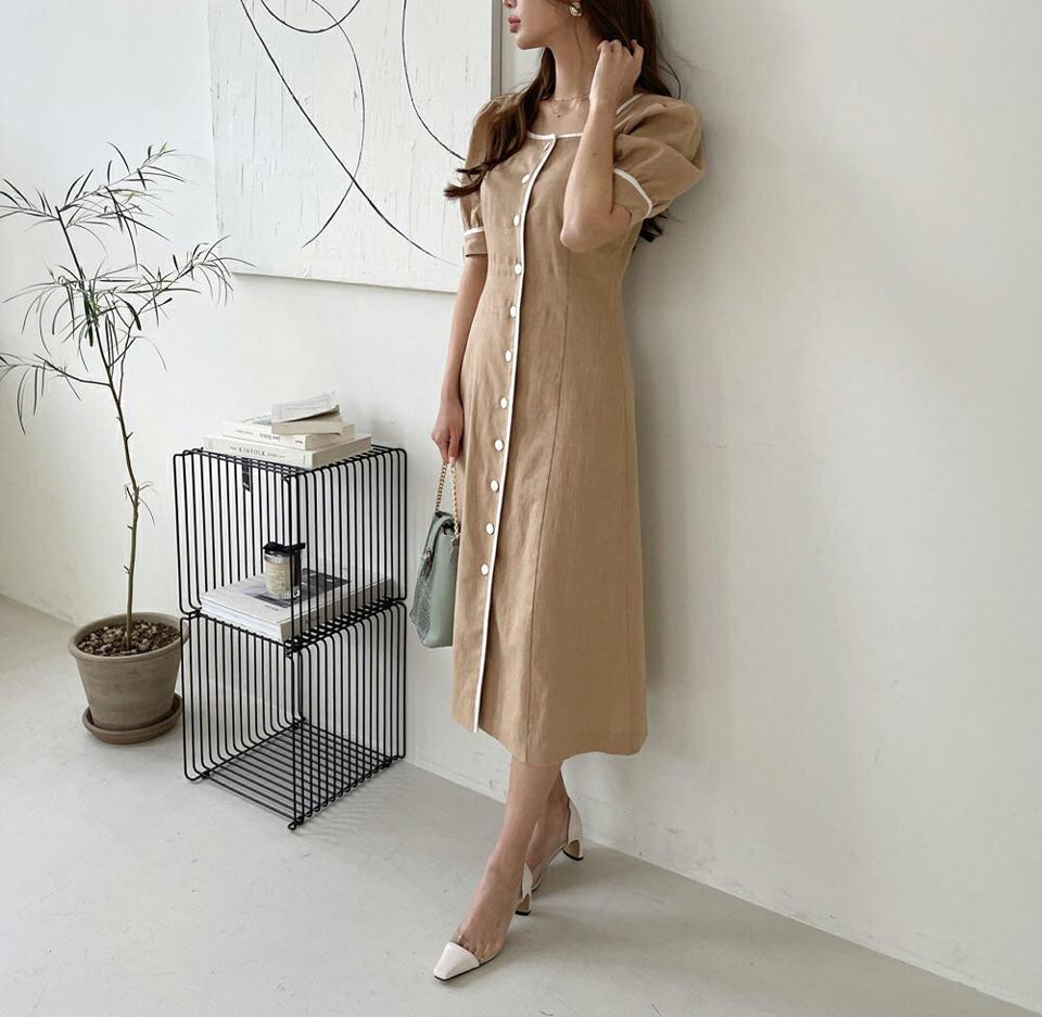 配色ラインパフボタンワンピース・全2色・t68092 レディース 【ops】 ワンピース ロング ロングワンピース 半袖 ハーフスリーブ パフ袖 スクエアネック シンプル レトロ モダン 春 夏 韓国 ファッション ハイホリHIHOLLI