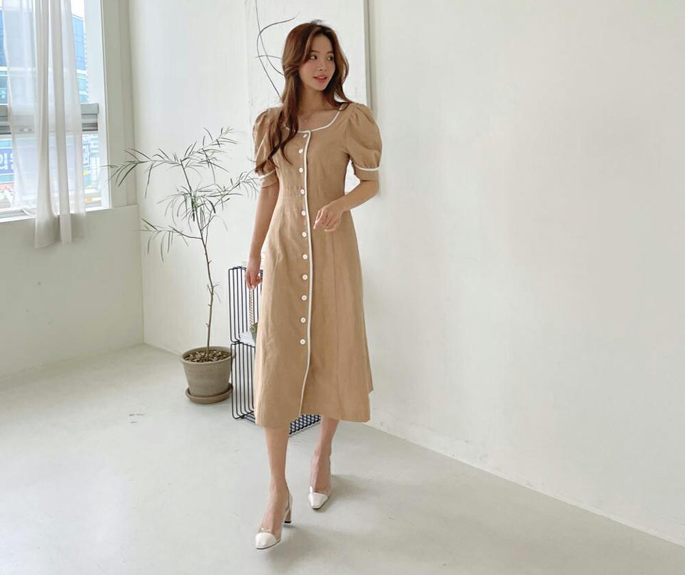 配色ラインパフボタンワンピース・全2色・t68092 レディース 【ops】 ワンピース ロング ロングワンピース 半袖 ハーフスリーブ パフ袖 スクエアネック シンプル レトロ モダン 春 夏 韓国 ファッション ハイホリHIHOLLI