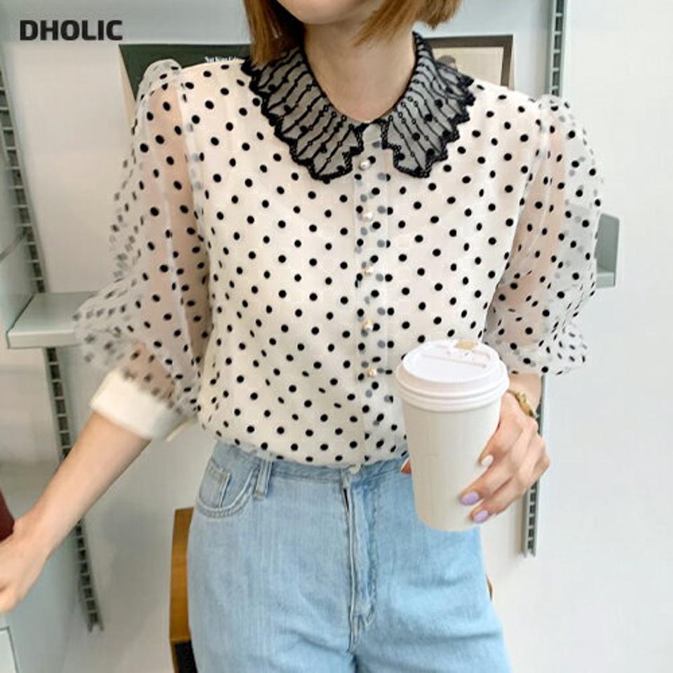 ドットパフカラーブラウス・全3色・b61951 レディース 【bl】【韓国 ファッション トップス ブラウス 半袖 ドット パターン ガーリー レース 7分袖 体型カバー スリム 細身 フィット シースルー 夏 春】