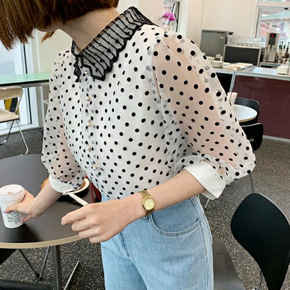 ドットパフカラーブラウス・全3色・b61951 レディース 【bl】【韓国 ファッション トップス ブラウス 半袖 ドット パターン ガーリー レース 7分袖 体型カバー スリム 細身 フィット シースルー 夏 春】