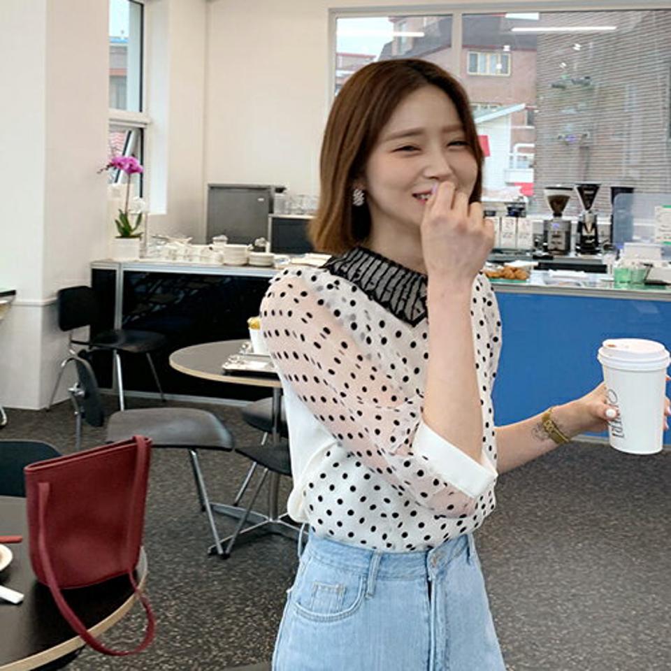 ドットパフカラーブラウス・全3色・b61951 レディース 【bl】【韓国 ファッション トップス ブラウス 半袖 ドット パターン ガーリー レース 7分袖 体型カバー スリム 細身 フィット シースルー 夏 春】