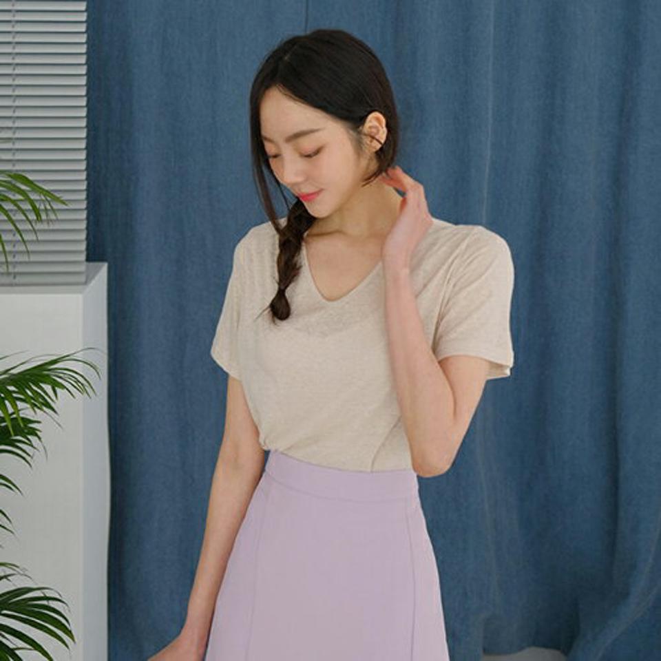 リネン混VネックTシャツ・全8色・b61945 レディース 【tops】 韓国 ファッション トップス Tシャツ 半袖 デコルテ リネンブレンド Vネック ハーフスリーブ ルーズ ゆったり カジュアル 体型カーバー ベーシック 夏 春