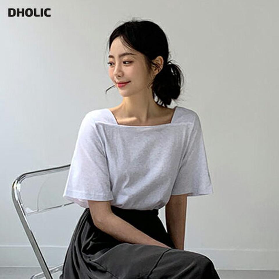スクエアネックTシャツ・全4色・t61946 レディース 【tops】【韓国 ファッション トップス Tシャツ 半袖 デコルテ コットン スクエアネック ハーフスリーブ ルーズ ゆったり カジュアル 体型カーバー ベーシック 夏 春】
