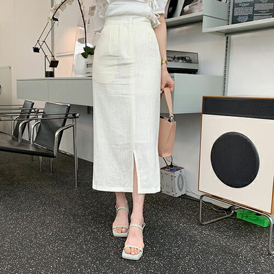 リネン混スリットHラインスカート・全3色・b61965 レディース 【sk】【韓国 ファッション ボトムス スカート ロング ロングスカート リネンブレンド Hライン ドライ ツータック リネン フェミニン 体型カバー 細身 夏 春】