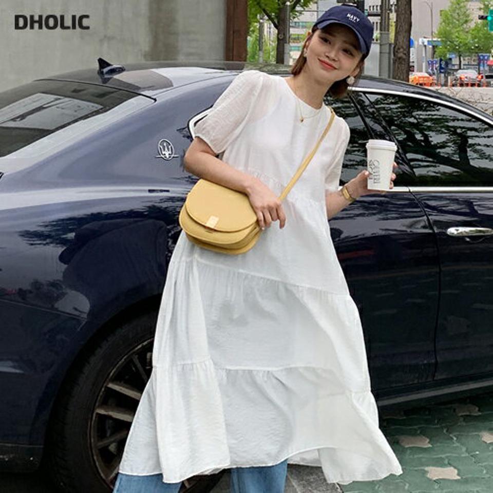 【全品10%OFF】サテンティアードワンピース・全4色・t61957 レディース 【ops】【韓国 ファッション ワンピース ロング ロングワンピース 半袖 光沢 サテン ティアード ボリューム ラウンドネック ハーフスリーブ シースルー 体型カバー 細身 ルーズ 夏 春】