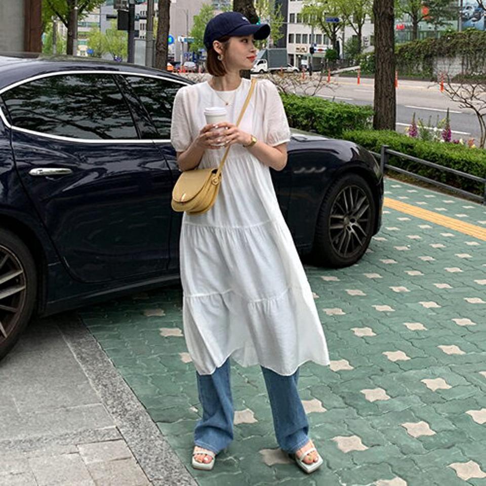 【全品10%OFF】サテンティアードワンピース・全4色・t61957 レディース 【ops】【韓国 ファッション ワンピース ロング ロングワンピース 半袖 光沢 サテン ティアード ボリューム ラウンドネック ハーフスリーブ シースルー 体型カバー 細身 ルーズ 夏 春】