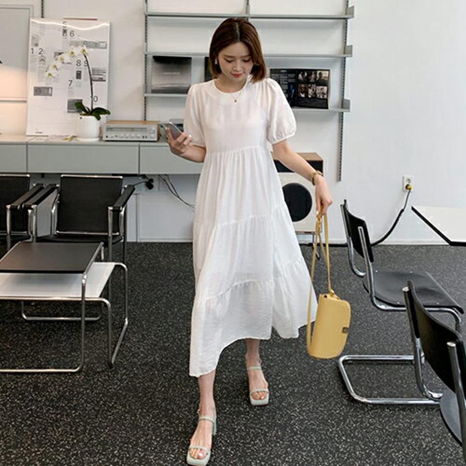 【全品10%OFF】サテンティアードワンピース・全4色・t61957 レディース 【ops】【韓国 ファッション ワンピース ロング ロングワンピース 半袖 光沢 サテン ティアード ボリューム ラウンドネック ハーフスリーブ シースルー 体型カバー 細身 ルーズ 夏 春】