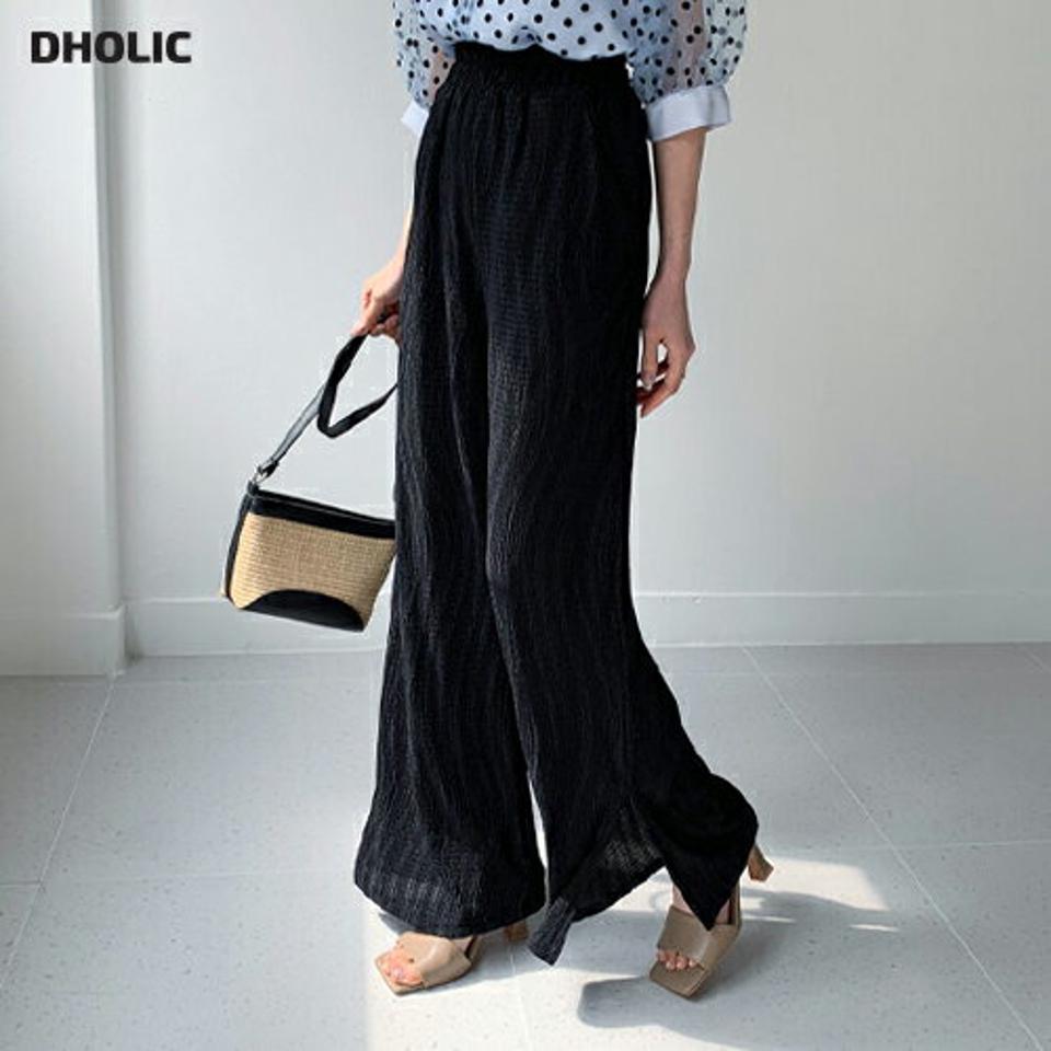 リンクルスリットストレートスパンツ・全3色・t61964 レディース 【pt】【韓国 ファッション ボトムス ロング ロングパンツ リンクル スリット ワイド ゴム ワイドパンツ ルーズ 美脚 10分丈 体型カーバー 細身 ゆったり 夏 春】