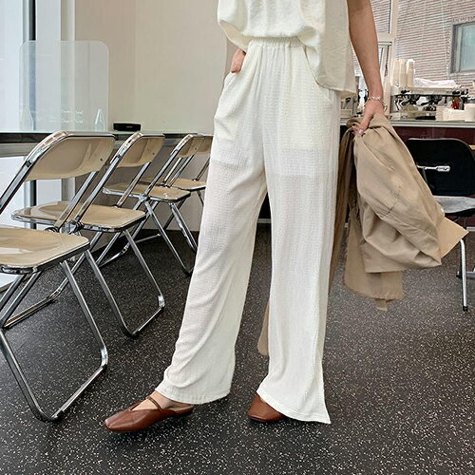 リンクルスリットストレートスパンツ・全3色・t61964 レディース 【pt】【韓国 ファッション ボトムス ロング ロングパンツ リンクル スリット ワイド ゴム ワイドパンツ ルーズ 美脚 10分丈 体型カーバー 細身 ゆったり 夏 春】