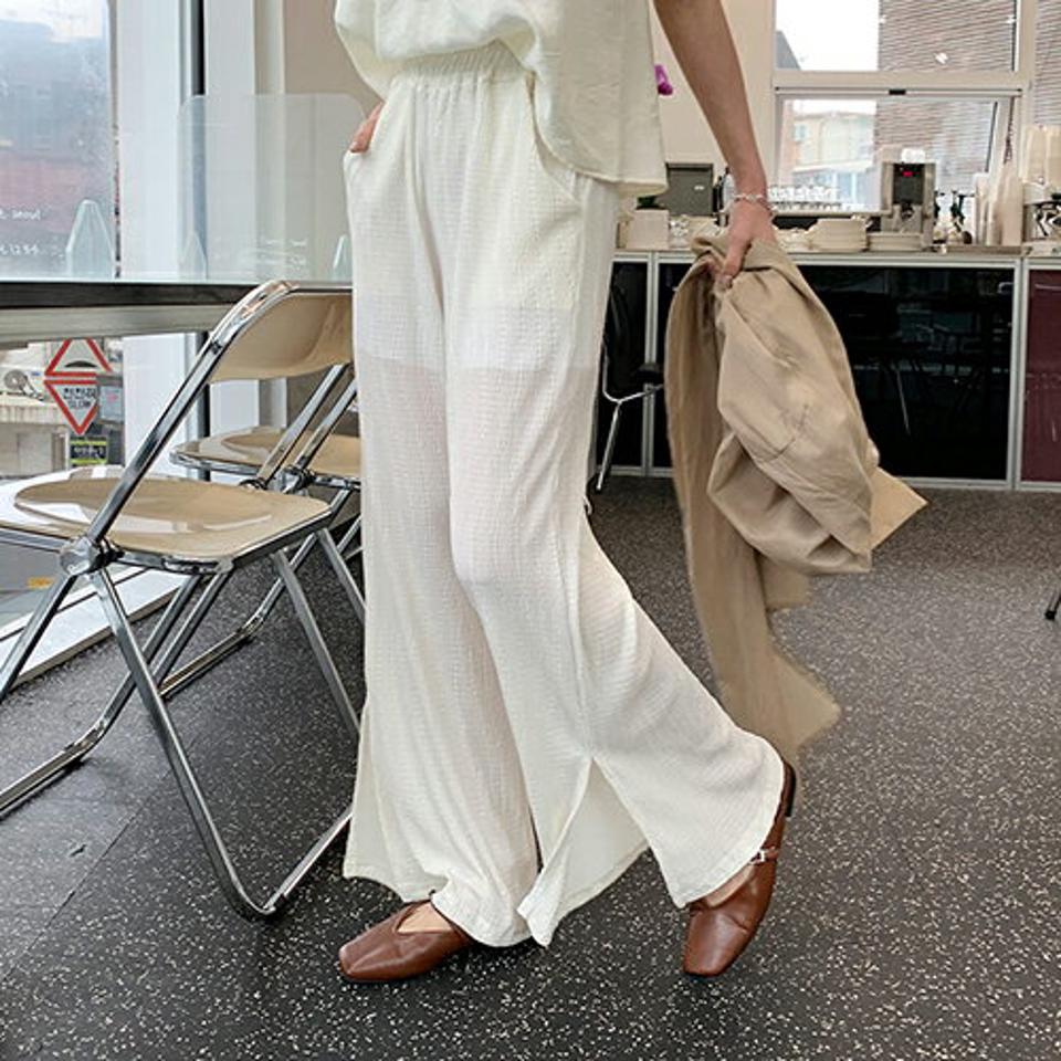 リンクルスリットストレートスパンツ・全3色・t61964 レディース 【pt】【韓国 ファッション ボトムス ロング ロングパンツ リンクル スリット ワイド ゴム ワイドパンツ ルーズ 美脚 10分丈 体型カーバー 細身 ゆったり 夏 春】