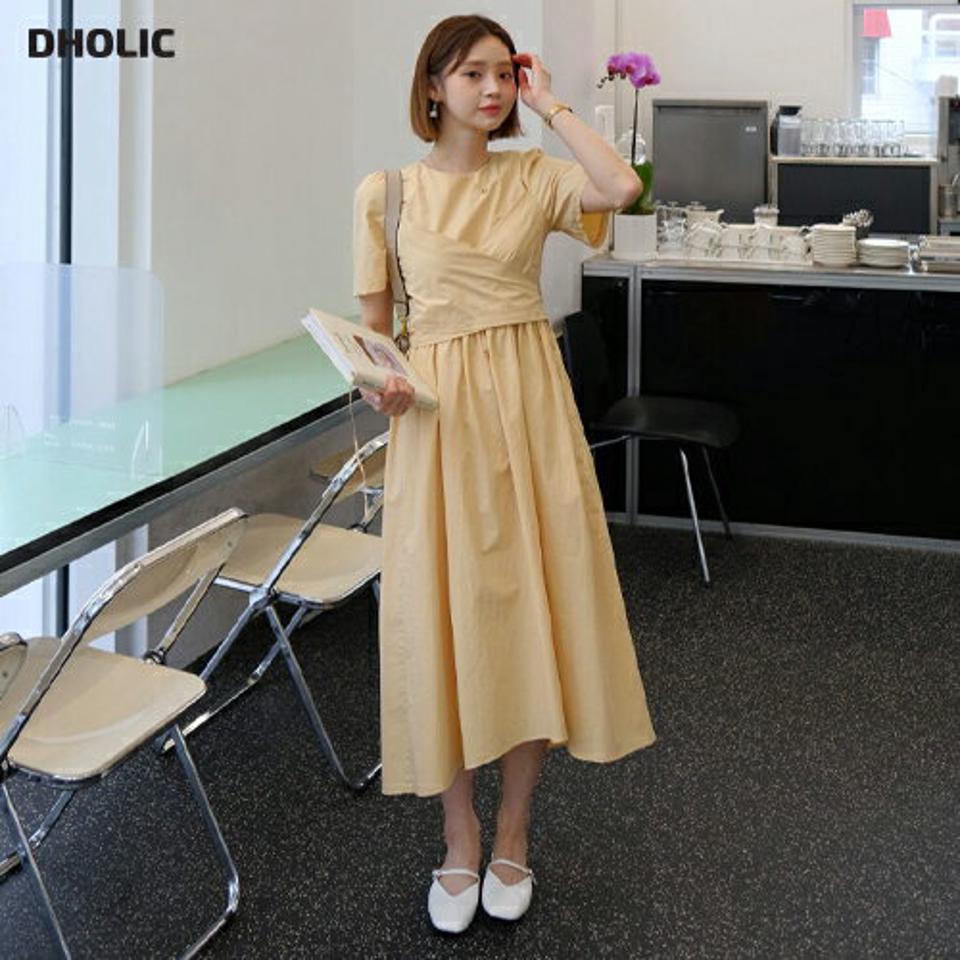 クロスラップワンピース・全4色・t61956 レディース 【ops】 韓国 ファッション ワンピース ロング ロングワンピース 半袖 クロス ストラップ リボン ラップ Aライン ギャザー フィット 体型カバー 細身 ベーシック 夏 春