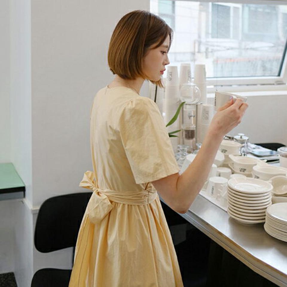 クロスラップワンピース・全4色・t61956 レディース 【ops】 韓国 ファッション ワンピース ロング ロングワンピース 半袖 クロス ストラップ リボン ラップ Aライン ギャザー フィット 体型カバー 細身 ベーシック 夏 春