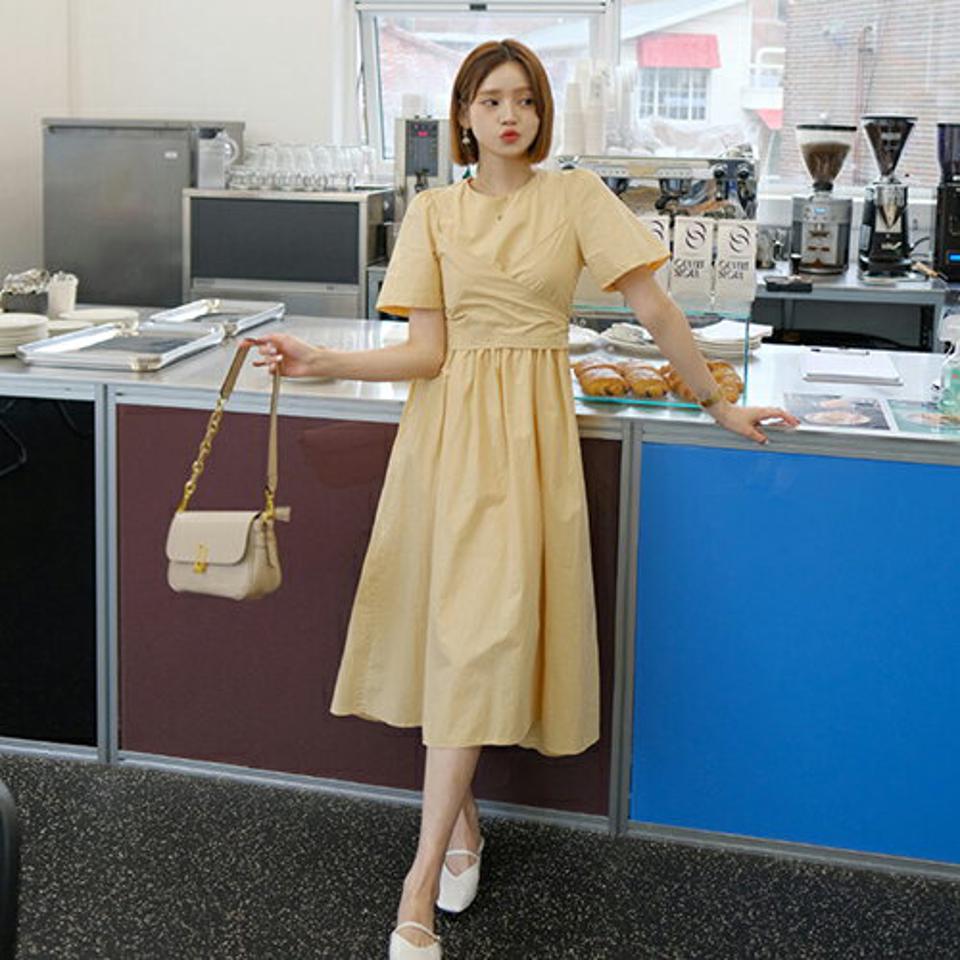 クロスラップワンピース・全4色・t61956 レディース 【ops】 韓国 ファッション ワンピース ロング ロングワンピース 半袖 クロス ストラップ リボン ラップ Aライン ギャザー フィット 体型カバー 細身 ベーシック 夏 春