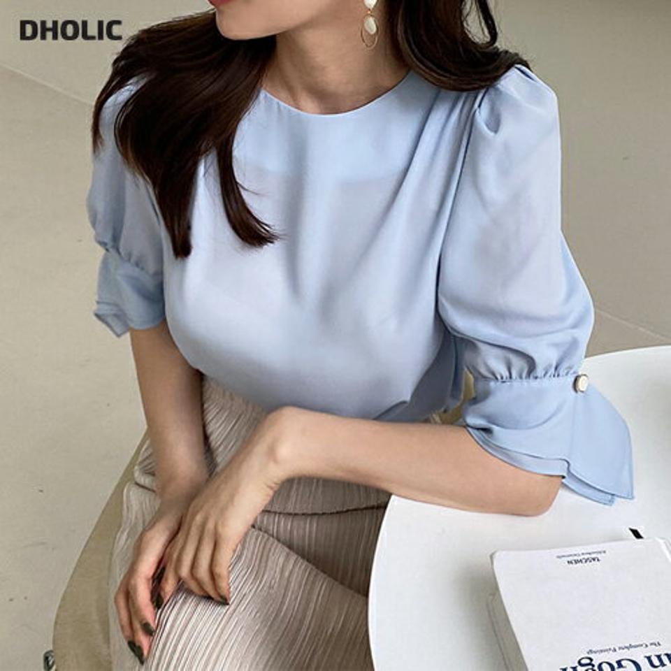 ボタンスリーブブラウス・全4色・t68139 レディース 【bl】 トップス ブラウス 七分丈 七分袖 7分丈 7分袖 フェミニン シンプル 上品 かわいい 春 夏 韓国 ファッション ハイホリHIHOLLI