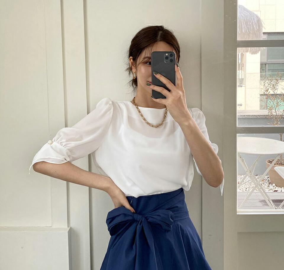 ボタンスリーブブラウス・全4色・t68139 レディース 【bl】 トップス ブラウス 七分丈 七分袖 7分丈 7分袖 フェミニン シンプル 上品 かわいい 春 夏 韓国 ファッション ハイホリHIHOLLI