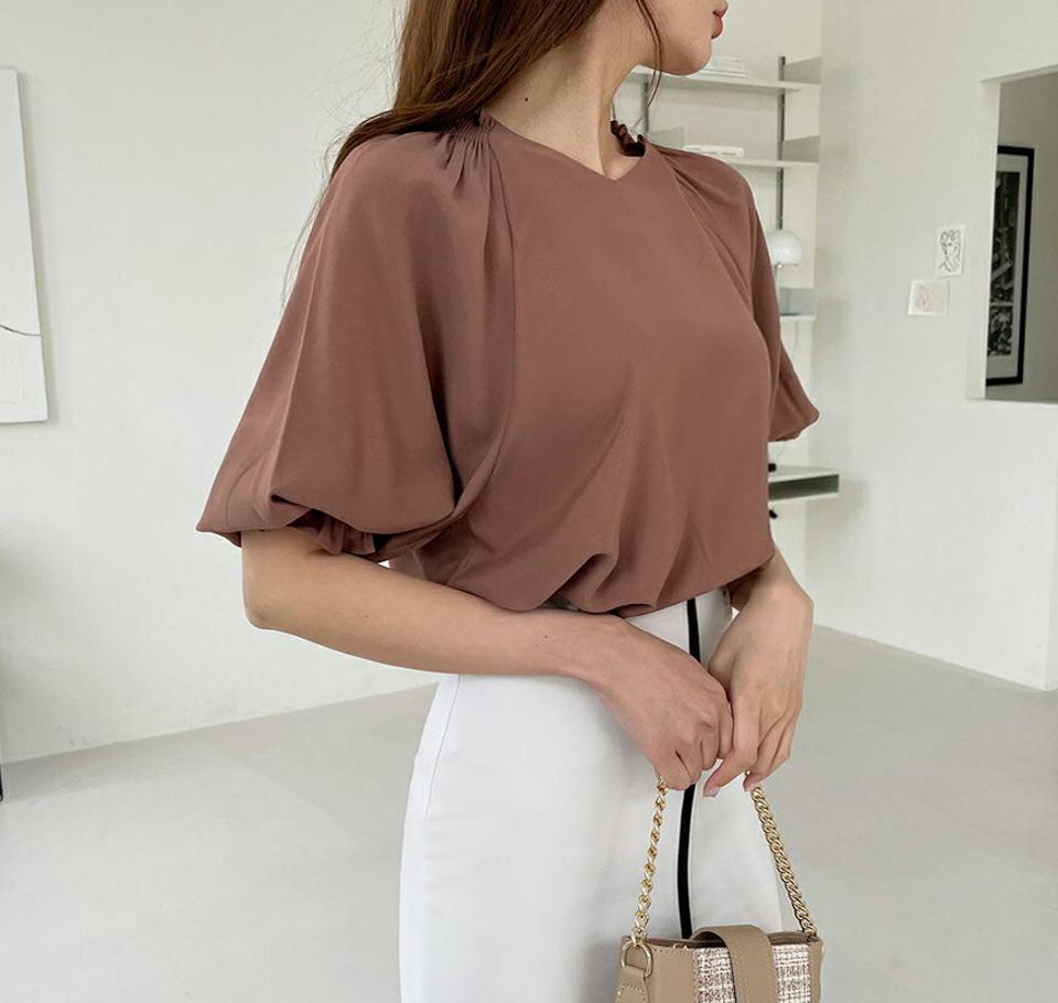 シャーリングラグランブラウス・全4色・b68138 レディース 【bl】 トップス ブラウス 七分丈 七分袖 7分丈 7分袖 シャーリング フェミニン シンプル ラフ 春 夏 秋 韓国 ファッション ハイホリHIHOLLI