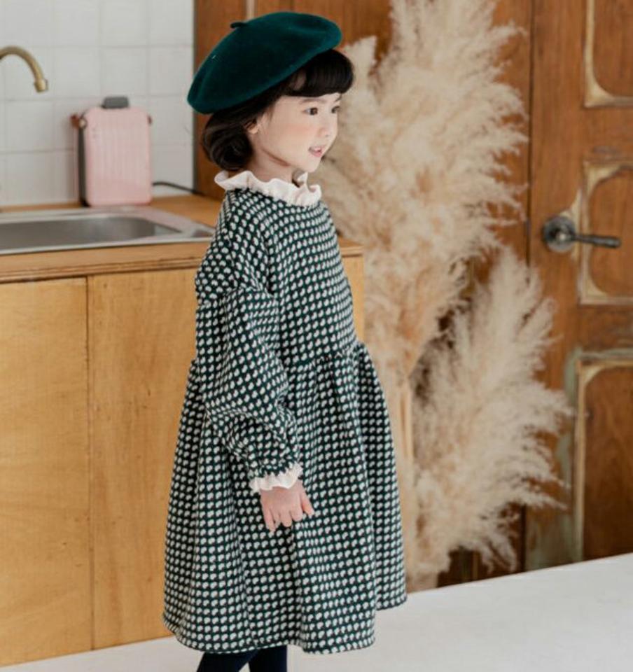 パフスリーブフリルワンピース(junior)・u09452 キッズ【9~17才】【ops】【ワンピース ロング ロングワンピース チェック柄 フリル パフスリーブ パフ袖 ボリューム袖 ガーリー かわいい 女の子 秋 冬 韓国 韓国子供服 子供 こども 子供服】【KIDS】