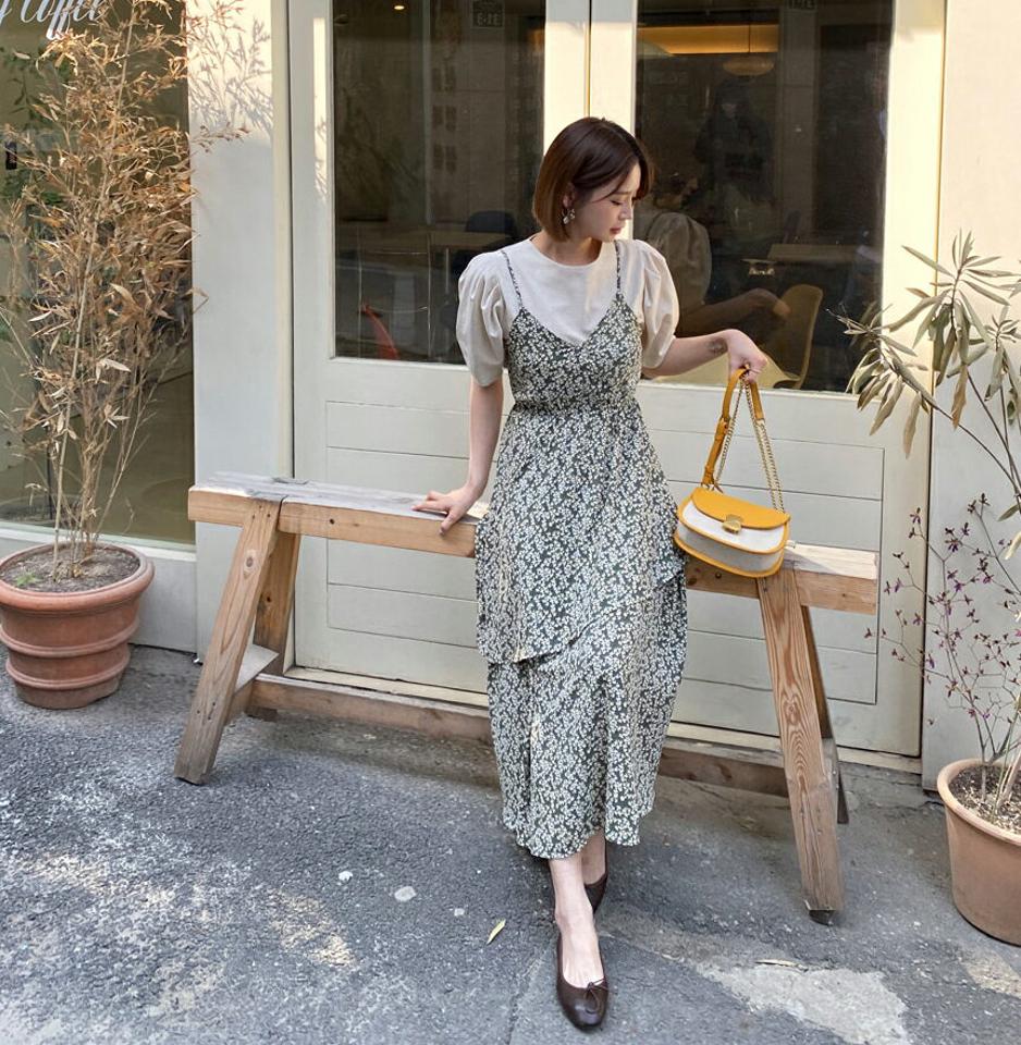 【マラソン特価】ティアード花柄キャミワンピース・全3色・b63514 レディース 【ops】【韓国 ファッション ワンピース ロング ロングワンピース キャミワンピース アンバランス ティアード 花柄 フラワー Vネック キャミソール ルーズ ゆったり 体型カバー 夏 春】