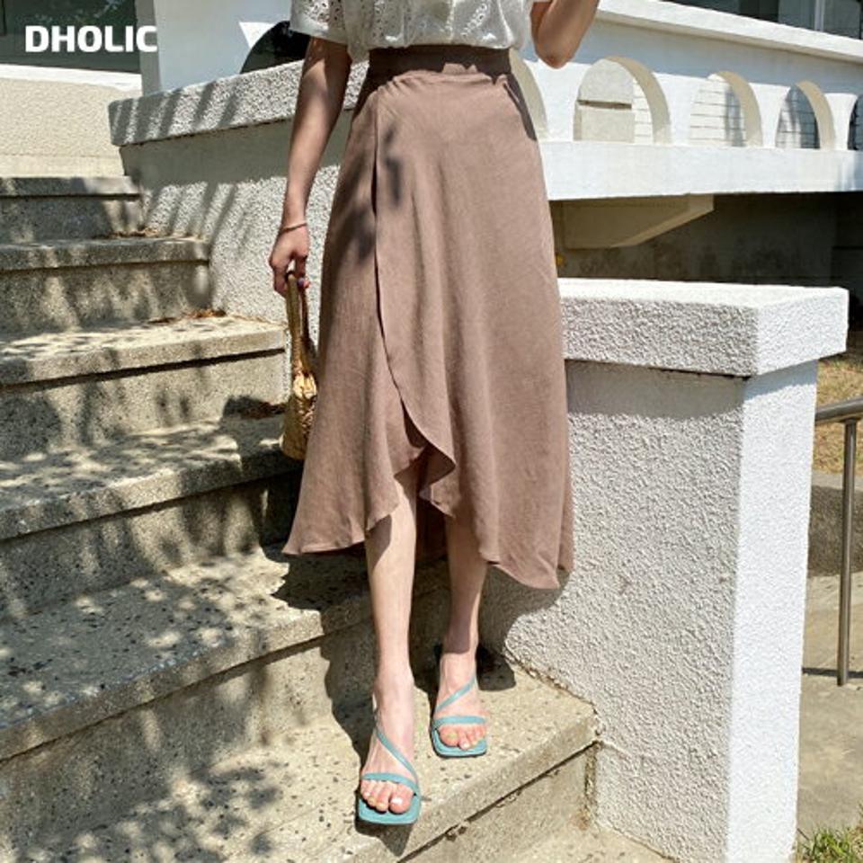 フリルアンバランススカート・全4色・t63521 レディース 【sk】 韓国 ファッション ボトムス スカート ロング ロングスカート フレア ラップ調 フリル フェミニン 体型カバー 細身 カジュアル 上品 夏 春