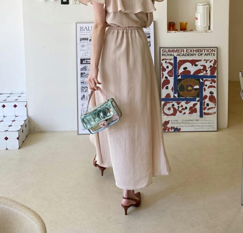 フリルアンバランススカート・全4色・t63521 レディース 【sk】 韓国 ファッション ボトムス スカート ロング ロングスカート フレア ラップ調 フリル フェミニン 体型カバー 細身 カジュアル 上品 夏 春