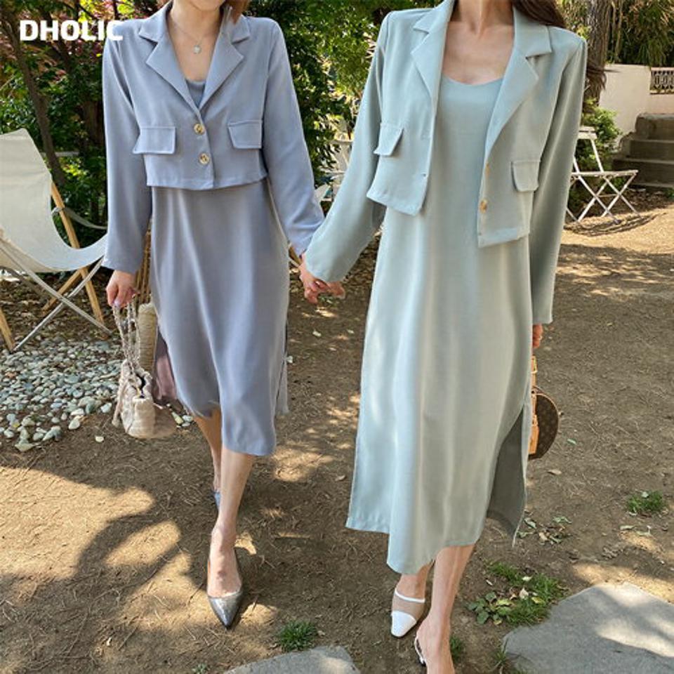 ショートジャケット&キャミワンピースSET・全5色・t63516 レディース 【ops】【韓国 ファッション ワンピース ロング ロングワンピース 長袖 セット ジャケット クロップド丈 Uネック スリーブレス キャミワンピース キャミソール 体型カバー 夏 春】