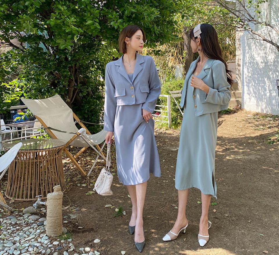 ショートジャケット&キャミワンピースSET・全5色・t63516 レディース 【ops】【韓国 ファッション ワンピース ロング ロングワンピース 長袖 セット ジャケット クロップド丈 Uネック スリーブレス キャミワンピース キャミソール 体型カバー 夏 春】