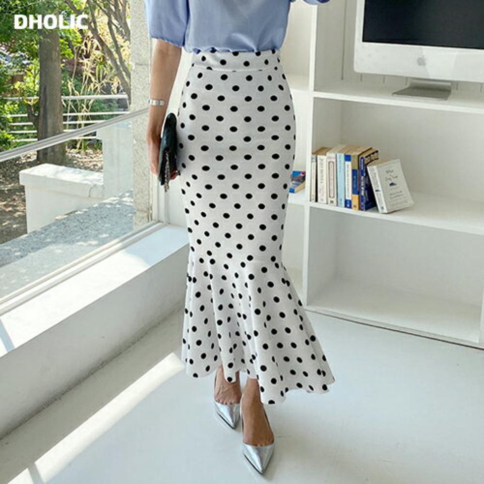即日配送 ドットマーメイドスカート・全3色・t63522 レディース 【sk】 韓国ファッション ボトムス スカート ロング ロングスカート ドット パターン マーメイド ゴム フェミニン スリム フィット タイト 細身 カジュアル 上品 夏 春