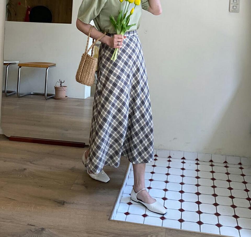 チェックフレアスカート・全3色・b63524 レディース 【sk】【韓国 ファッション ボトムス スカート ロング ロングスカート ラブリー チェック柄 Aライン ピクニック ガーリー かわいい 体型カバー 細身 カジュアル 上品 夏 春】